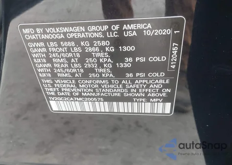 2021 Volkswagen Atlas Cross Sport 2.0T S из США, поврежденный, VIN 1V2GC2CA7MC200575